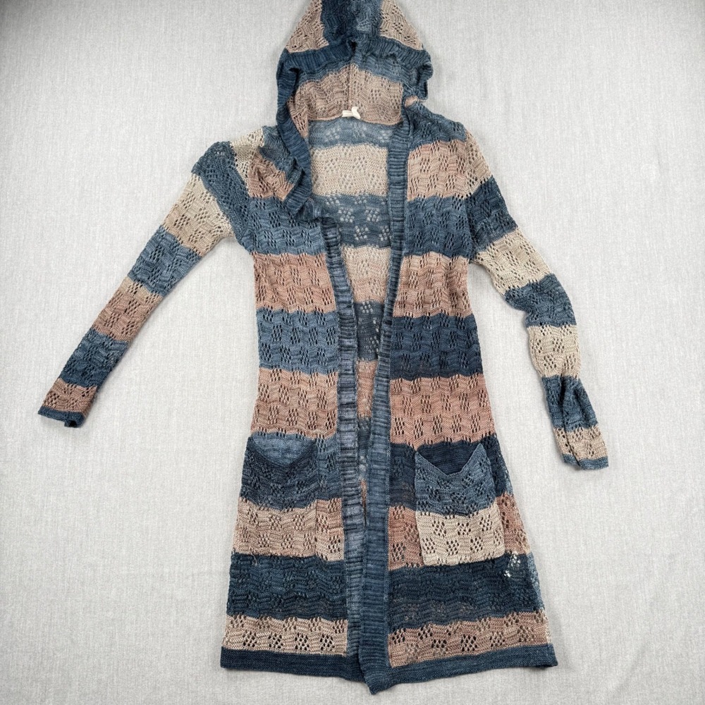 Moth Anthropologie Striped Hooded Pointelle Knit Cardigan Blue Tan XS Italy